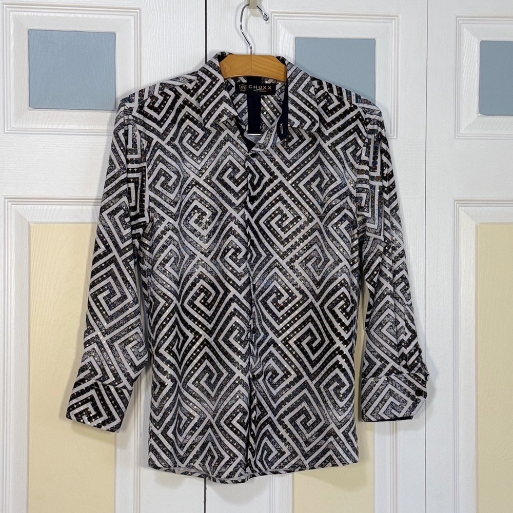 Chuxx Mens Gold Foil Greek Key Maze Shirt Black White Geometric Slim Fit Size 16